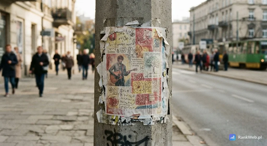 Plakat naklejony na słupie przy chodniku
