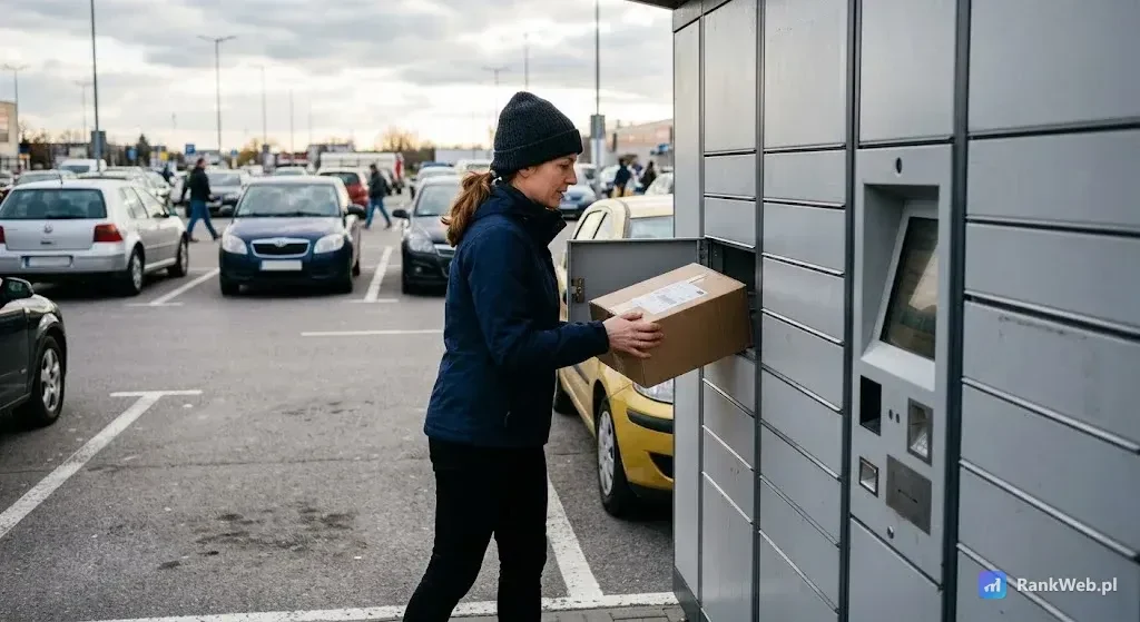 Automat paczkowy na parkingu, klient odbiera przesyłkę