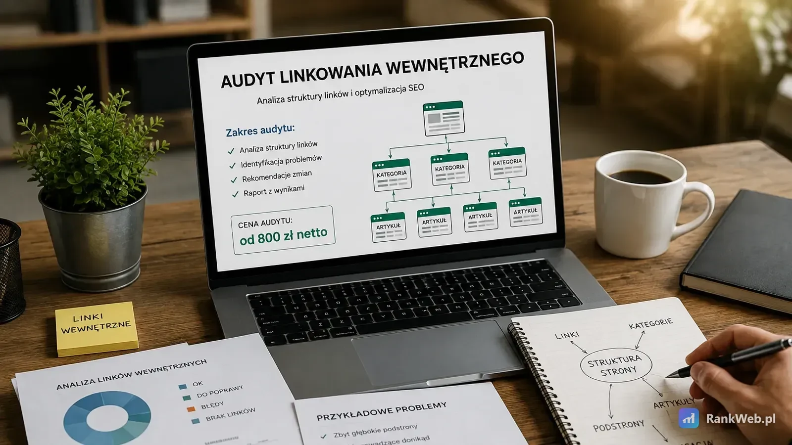 Laptop z planszą o audycie linkowania i schematem strony, obok kubek, roślina i kartka z wykresem kołowym
