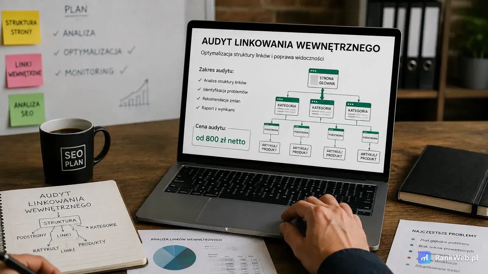 Szerokie ujęcie biurka z laptopem, w tle biała tablica z planem, a dłoń rysuje schemat w notesie