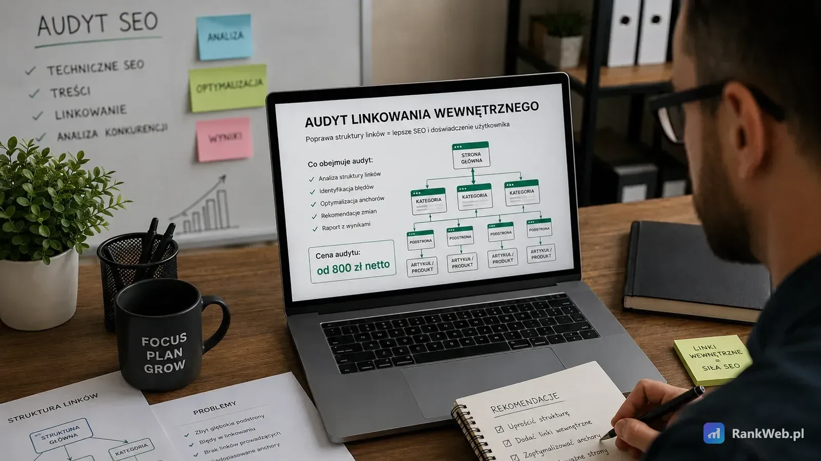 Mężczyzna w okularach patrzy na laptop ze schematem struktury strony, obok leżą kartki z rekomendacjami