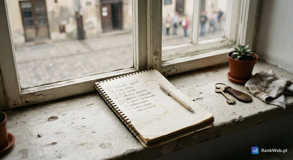Notes z odhaczoną listą na parapecie