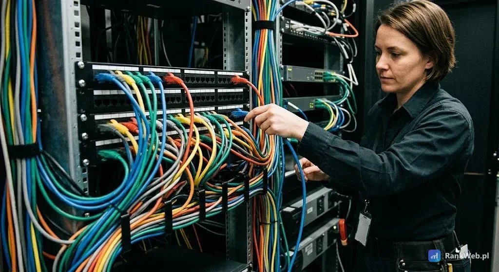 Panel krosowniczy z kolorowymi kablami sieciowymi