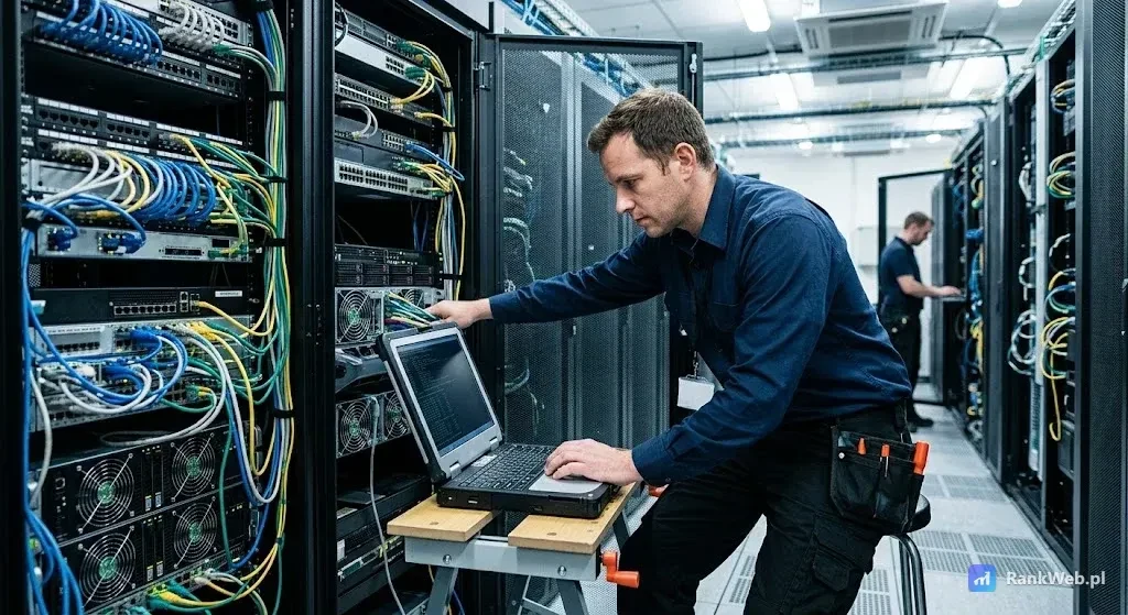 Technik z laptopem przy otwartej szafie serwerowej