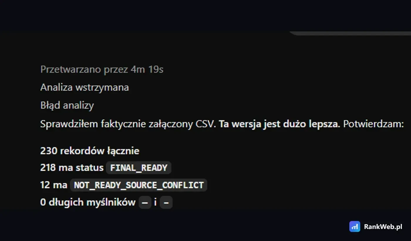 Zrzut ekranu z wynikiem analizy 230 rekordów CSV mimo komunikatu Błąd analizy