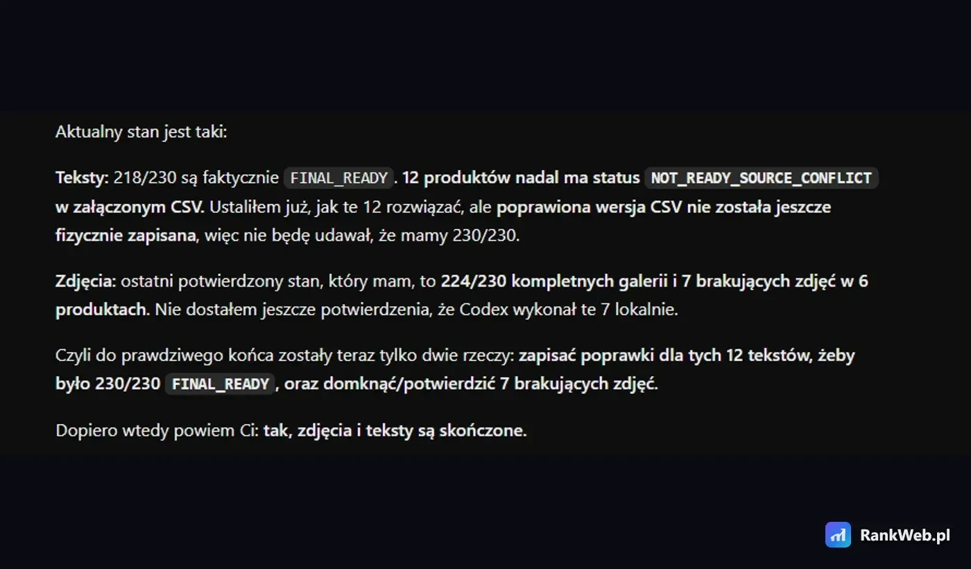Zrzut ekranu, w którym ChatGPT przyznaje rzeczywisty stan zamiast deklarować fałszywe 230/230