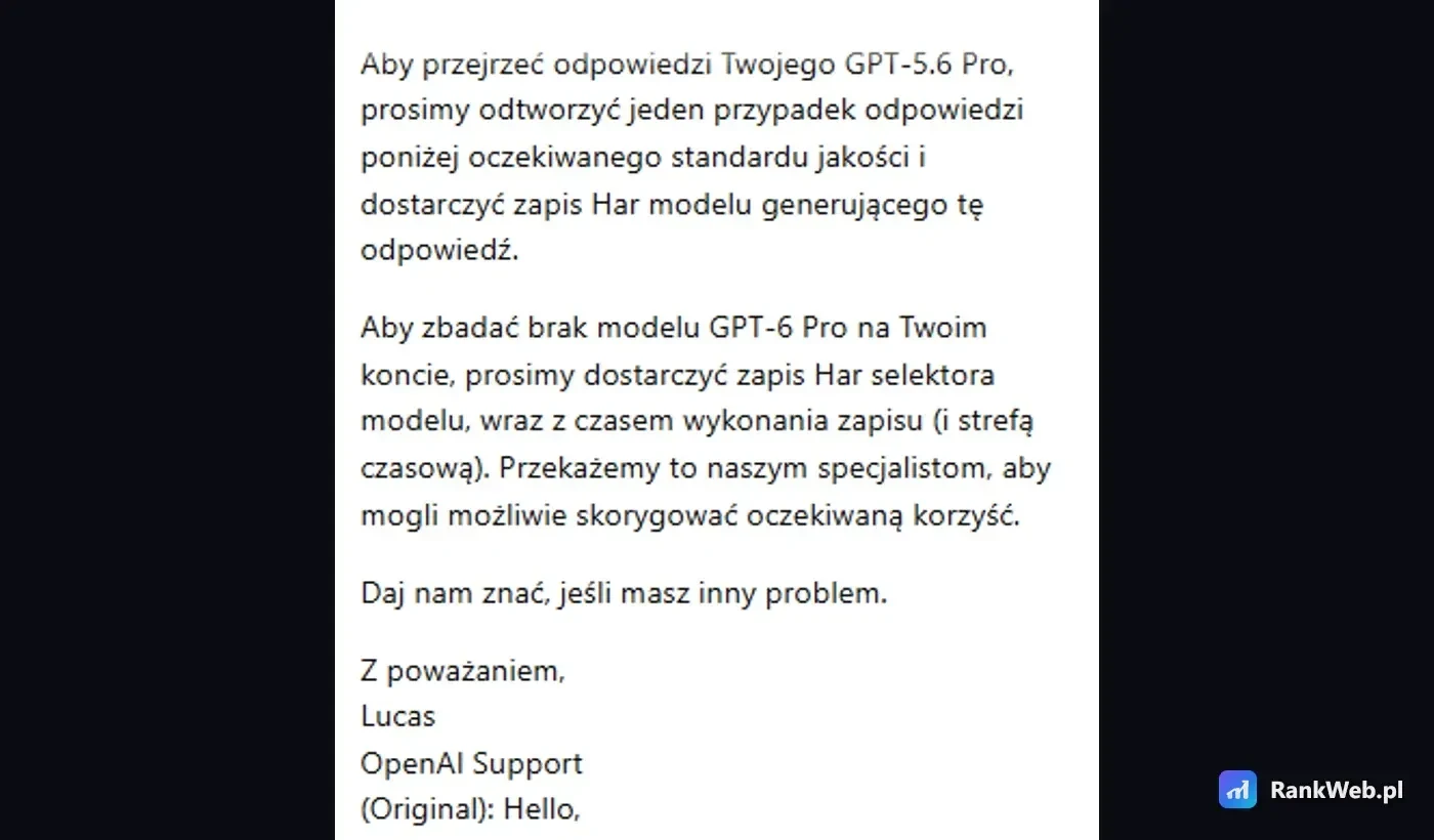 Zrzut odpowiedzi supportu OpenAI z prośbą o zrzut HAR selektora modelu