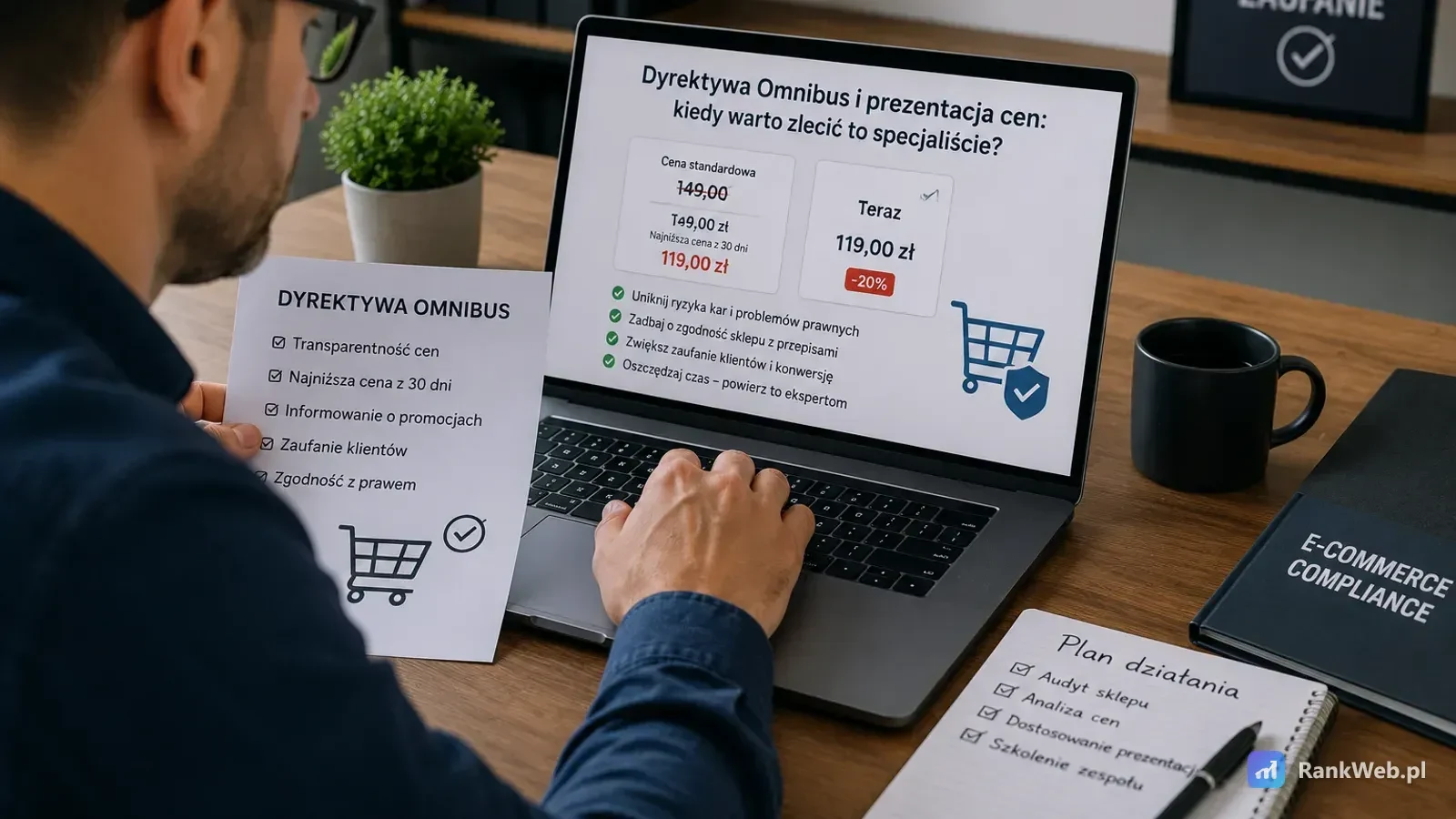 Mężczyzna pracuje przy laptopie z kartą produktu i przekreśloną ceną oraz najniższą ceną z 30 dni, obok leży lista kontrolna