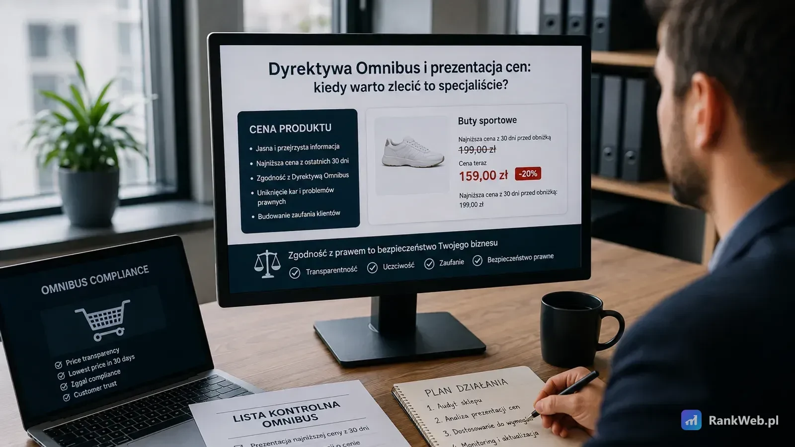Monitor wyświetla kartę produktu z butem sportowym, obok stoją kubek i notes z zapisanym planem działania