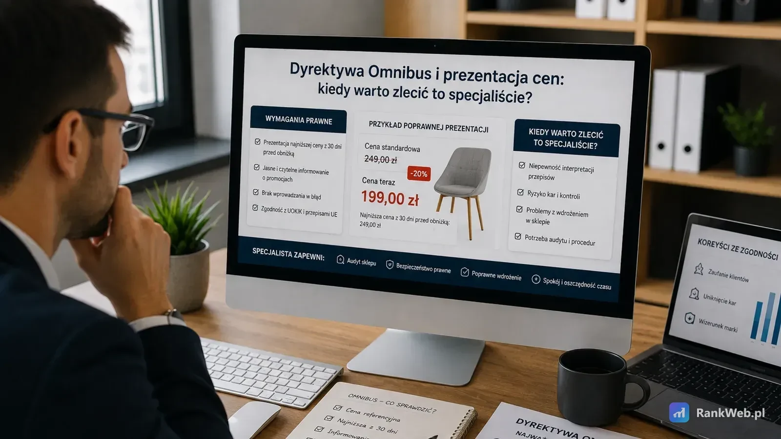 Mężczyzna w garniturze patrzy na monitor z kartą produktu przedstawiającą krzesło, obok stoją segregatory