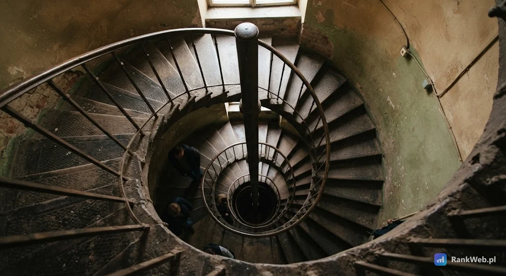 Poręcz spiralnych schodów widziana z dołu