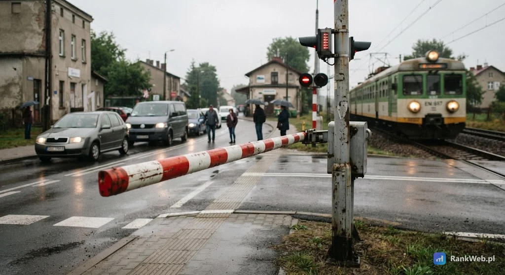 Pociąg przejeżdżający za opuszczonym szlabanem