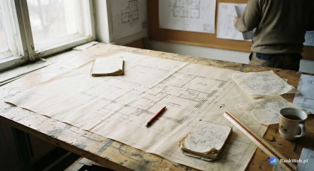 Plan architektoniczny rozłożony na stole