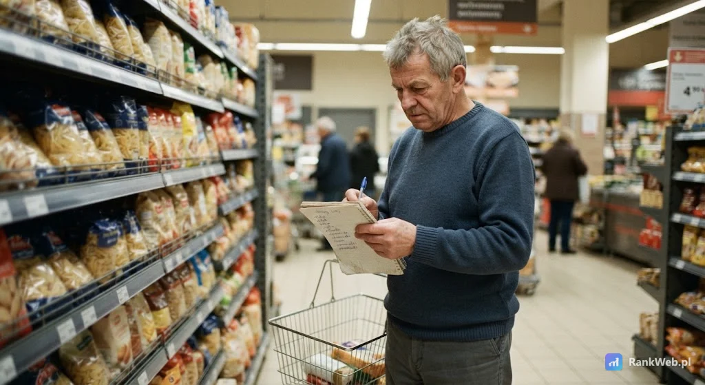 Klient z listą w ręku przy regale sklepowym
