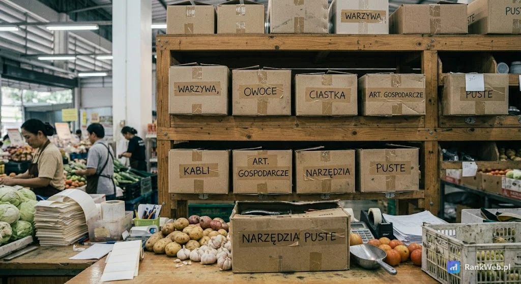 Regał z pudłami opisanymi ręcznie pisanymi etykietami
