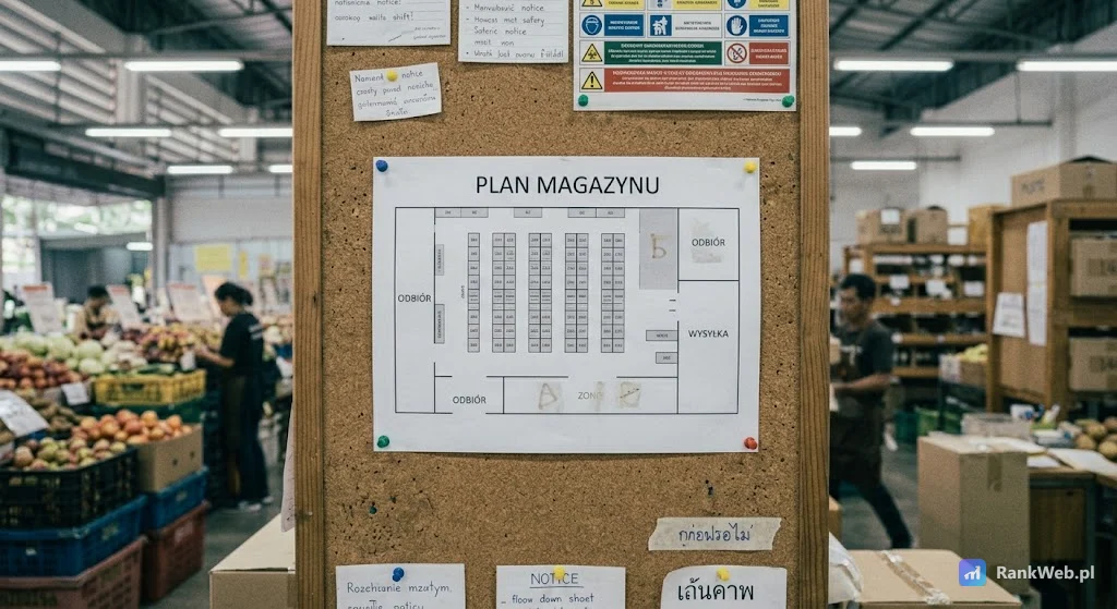 Plan magazynu przypięty pinezkami do korkowej tablicy