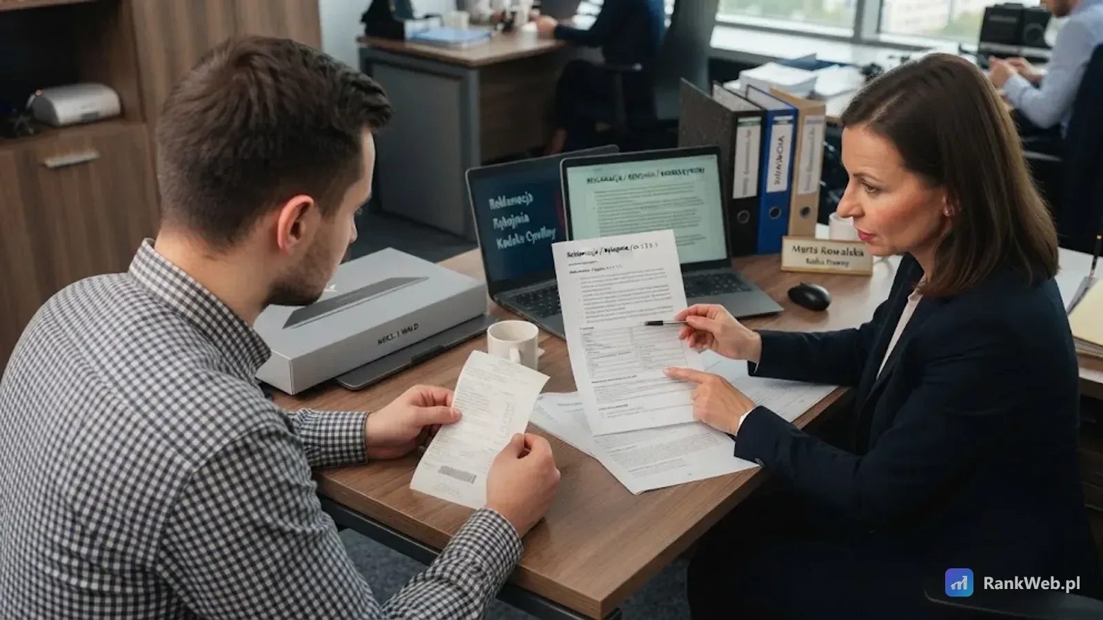 Kobieta i mężczyzna rozmawiają przy biurku, na monitorze widoczny jest formularz reklamacyjny