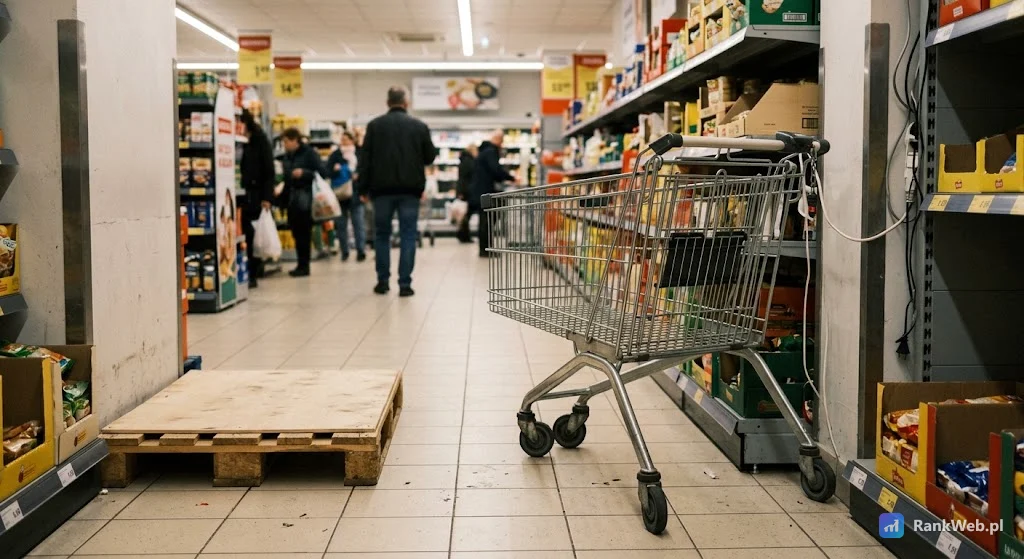 Pusty kosz sklepowy porzucony na końcu alejki