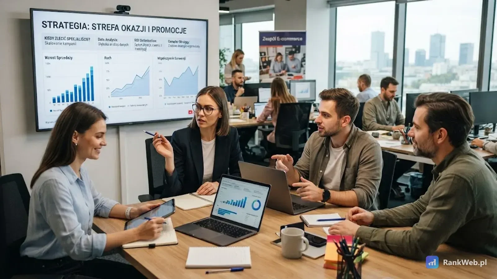 Zespół przy ekranie ze strategią promocji w sklepie
