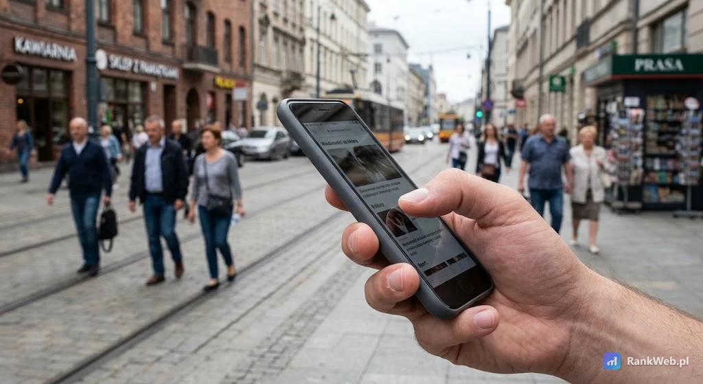 Telefon w dłoni, kciuk przewija stronę, w tle rozmyta ulica