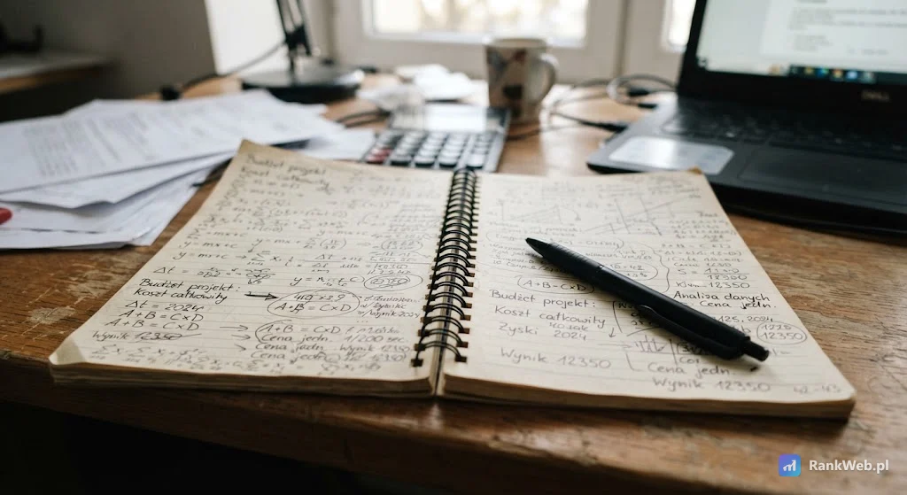 Notes z odręcznymi obliczeniami i długopis