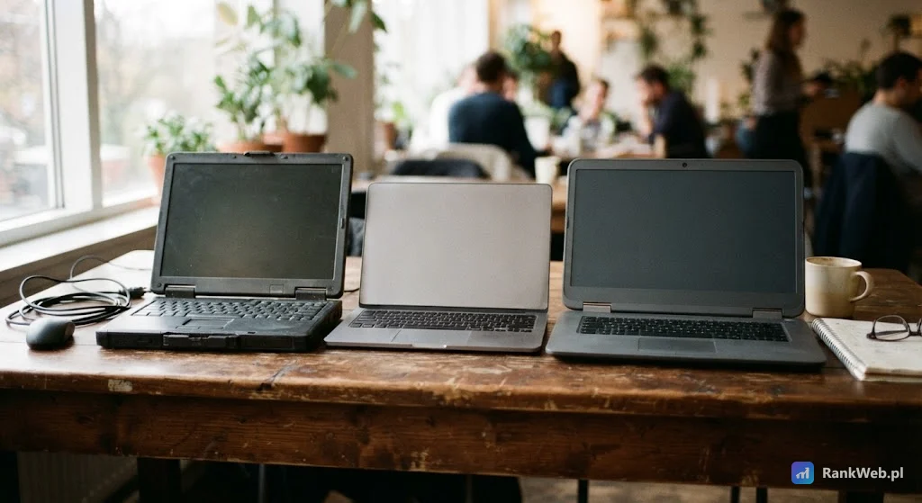Trzy różne laptopy obok siebie na drewnianym stole