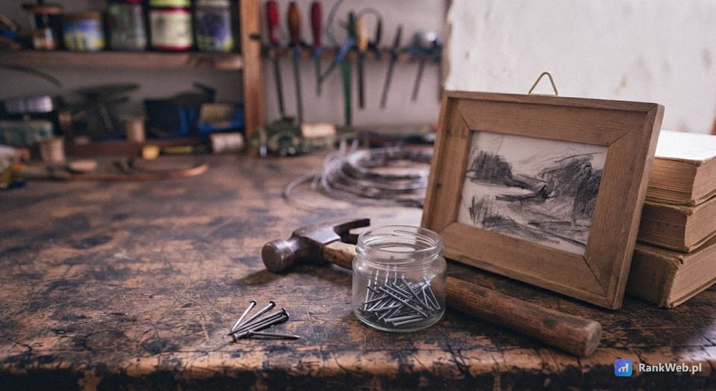 Młotek i gwoździe obok obrazu opartego o ścianę