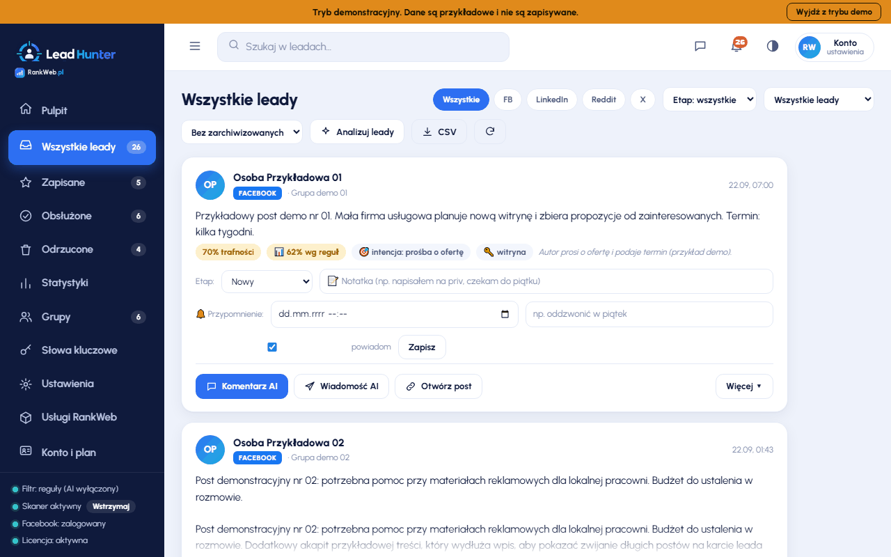 Lista znalezionych leadów